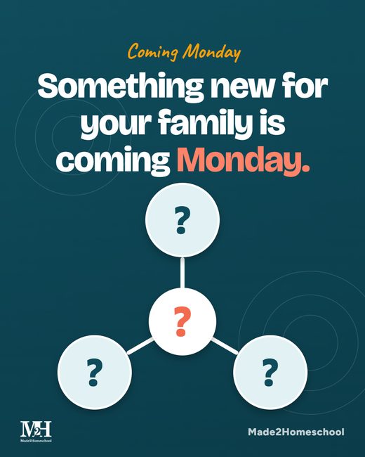 Dark teal graphic with a simple map: a white circle with a question mark in the center, connected by white roads to three circles that each hold a question mark. Text reads: Something new for your family is coming Monday.