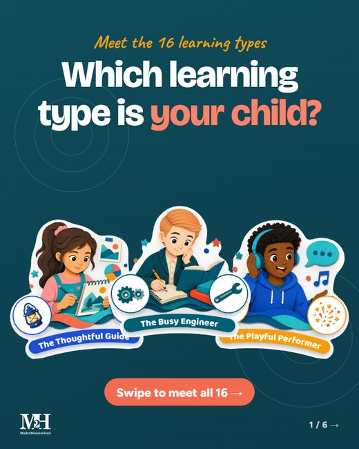 Cover slide: three illustrated learning type cards fan out under the question Which learning type is your child? with a Swipe to meet all 16 button.