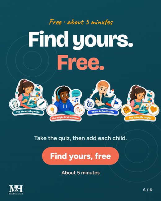 Closing slide: Find yours. Free. Four learning type cards, the words Find yours, free and About 5 minutes.