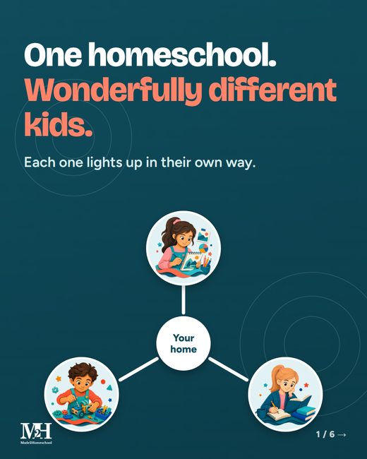 Dark slide: One homeschool. Wonderfully different kids. Each one lights up in their own way. Three children in circles connected by lines to a center labeled Your home.