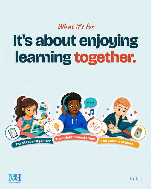 Light blue slide: It's about enjoying learning together. Three illustrated learning type cards below.