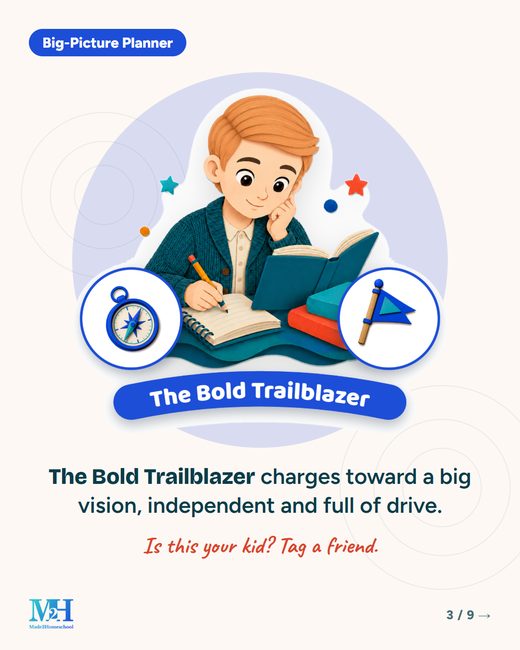 The Bold Trailblazer, from the Big-Picture Planner family: an illustrated learning type card. Text: The Bold Trailblazer charges toward a big vision, independent and full of drive. Is this your kid? Tag a friend.
