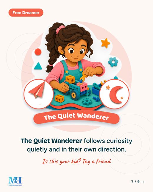The Quiet Wanderer, from the Free Dreamer family: an illustrated learning type card. Text: The Quiet Wanderer follows curiosity quietly and in their own direction. Is this your kid? Tag a friend.