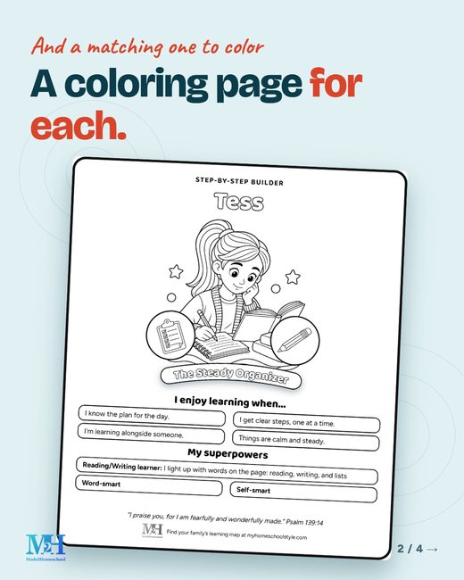 The matching black and white coloring page for the same sample child, with outlined illustrations and hollow letters to color. Heading: A coloring page for each.