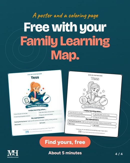 Closing slide: Free with your Family Learning Map. A poster and a coloring page side by side, with the words Find yours, free and About 5 minutes.