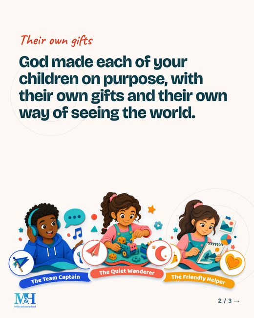 Cream slide: Their own gifts. God made each of your children on purpose, with their own gifts and their own way of seeing the world. Three illustrated learning type cards below.