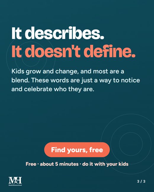 Dark slide: It describes. It doesn't define. Kids grow and change, and most are a blend. These words are just a way to notice and celebrate who they are. Free, about 5 minutes, do it with your kids.