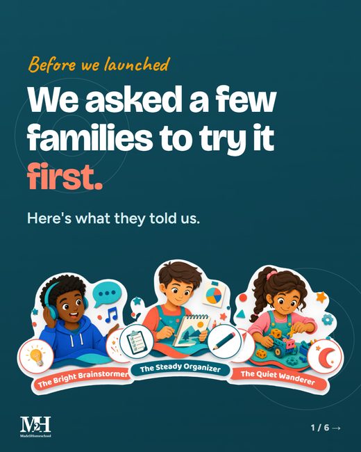 Dark slide: Before we launched, we asked a few families to try it first. Here's what they told us. Three learning type cards below.