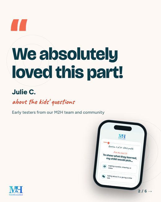 Cream slide, quote: We absolutely loved this part! Julie C., about the kids' questions. A phone shows a child's this-or-that question.