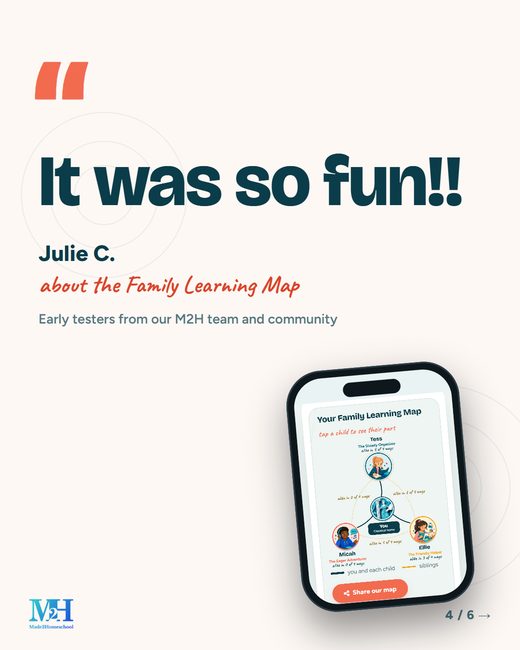 Light blue slide, quote: It was FUN and helpful. Katie, mom of 6, on the M2H team. A learning type card.