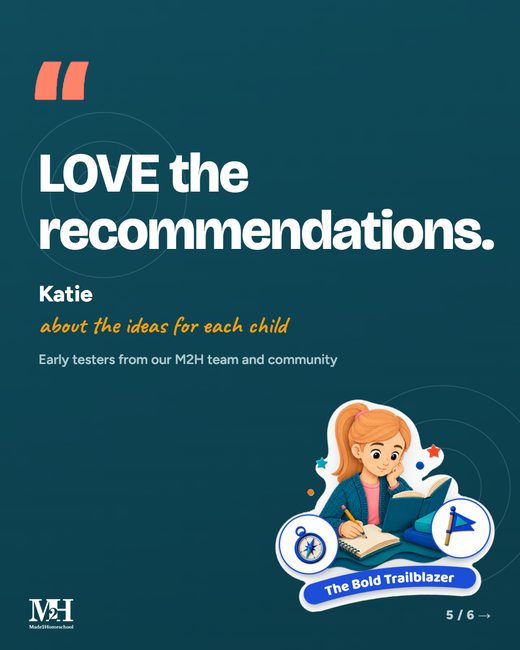 Dark slide, quote: LOVE the recommendations. Katie, on the M2H team, about the ideas for each child. A learning type card.